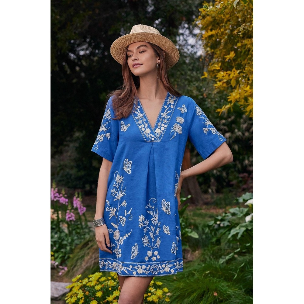 Johnny Was Dress Womens Small Blue Floral Butterfly Embroidered Linen Shift
